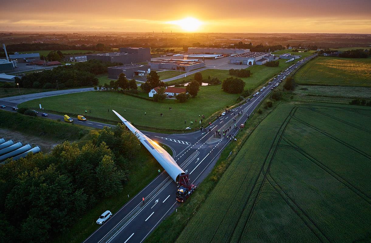 88meter wind turbine blade being transported from a factory in Denmark